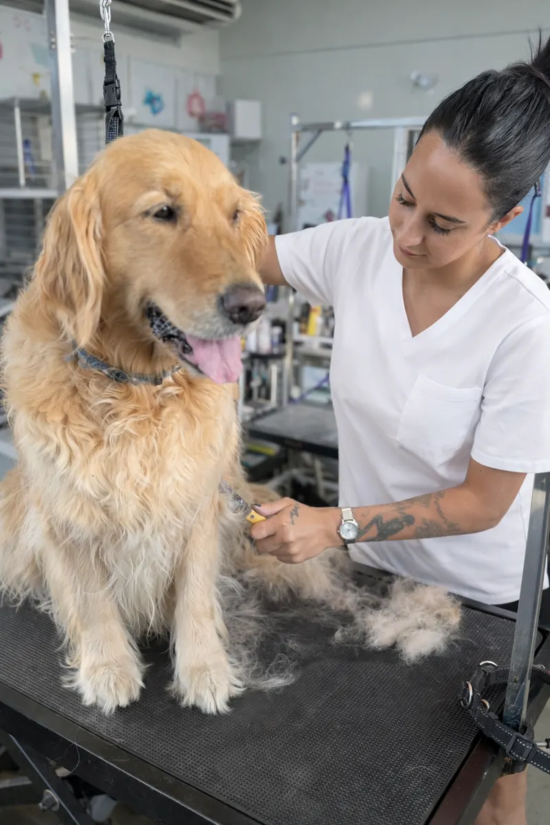 A dog receiving a full major groom with scissor finish at Tūi & Chief