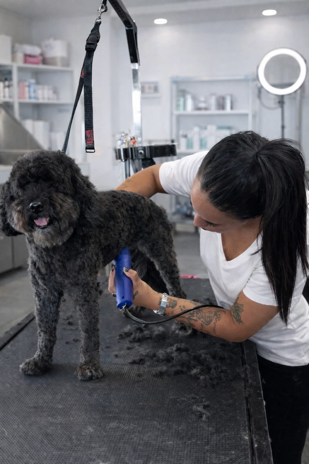 A medium dog being blow-dried and brushed during a mid groom session