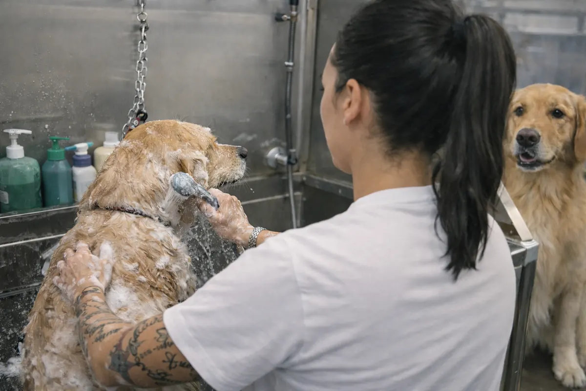 A small dog receiving a mini groom, bath and nail trim at Tūi & Chief